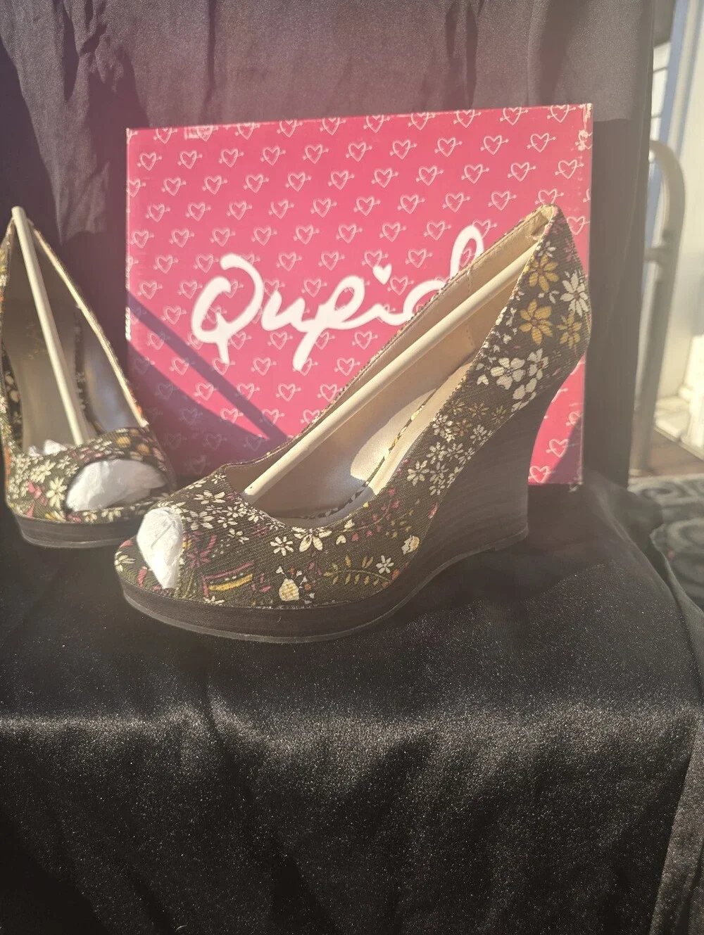 Qupid Olive Green Floral Peep-Toe Wedges